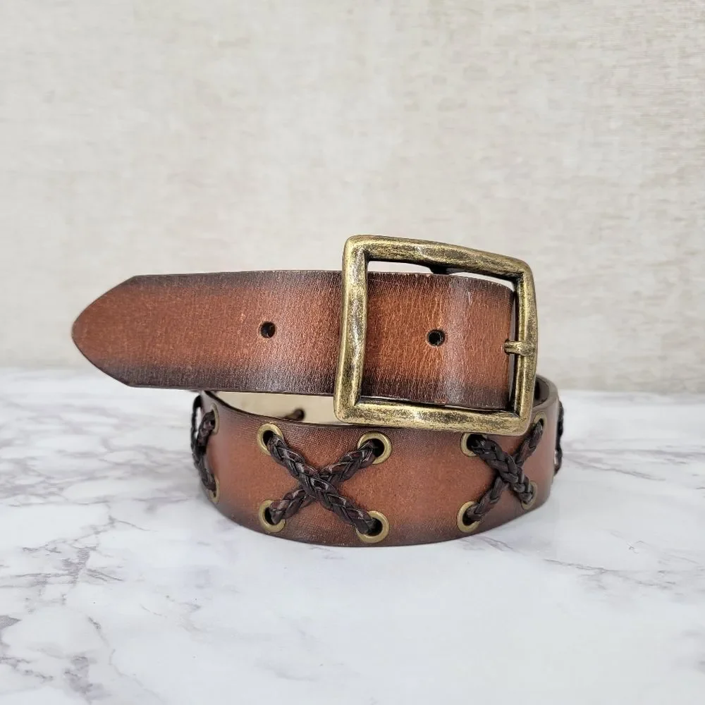 Brown Bonded Leather Belt with Brass Buckle Braided X Design Western